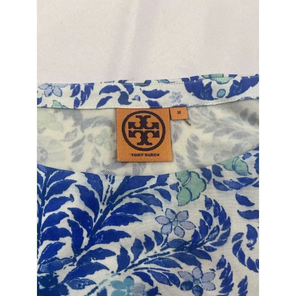 Tory Burch Ruched Knee Length Silk Dress Blue White Floral Print Lined Medium